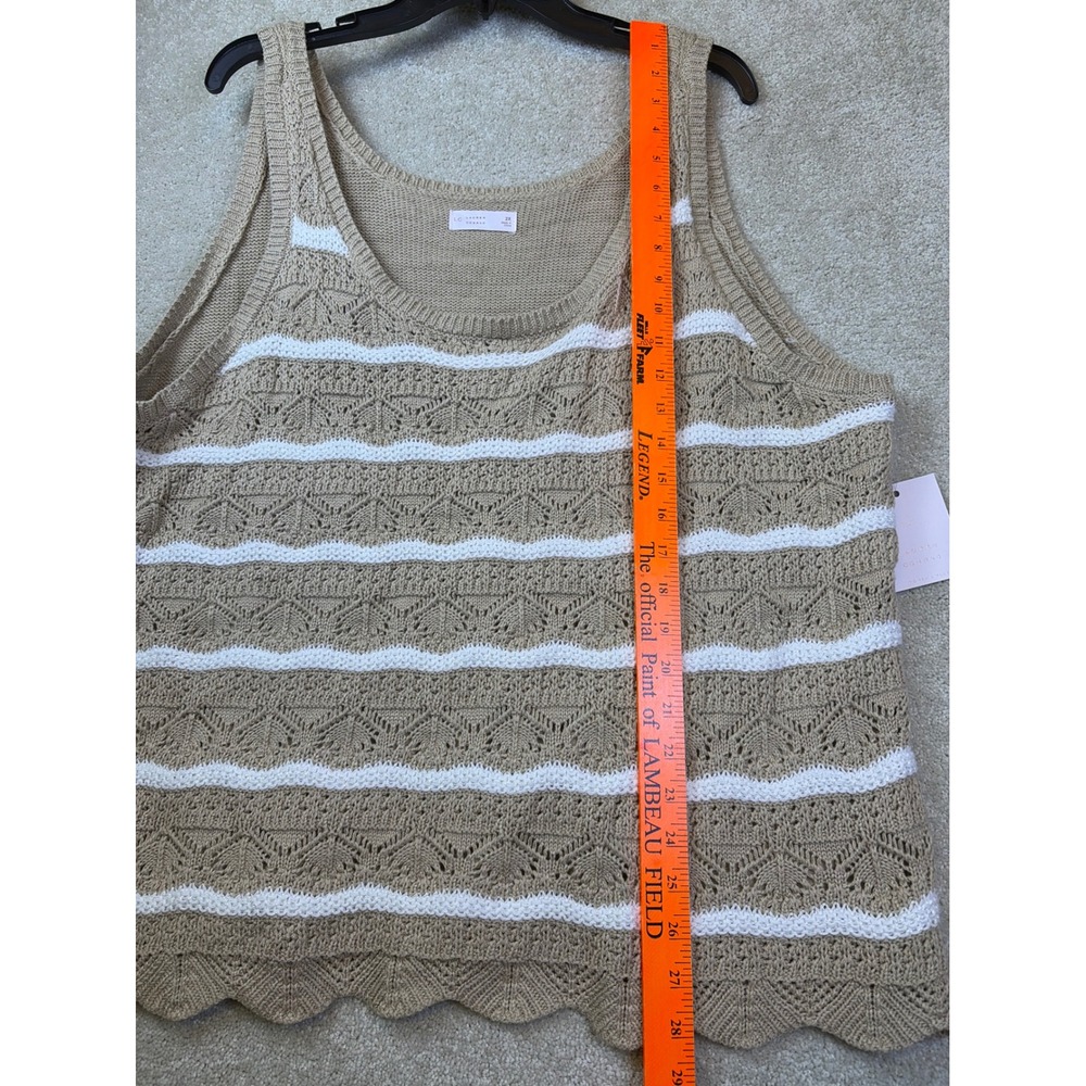 LC Lauren Conrad Sweater Tank Top Women 2X Tan White Striped Crochet Scallop NEW - Picture 7 of 8